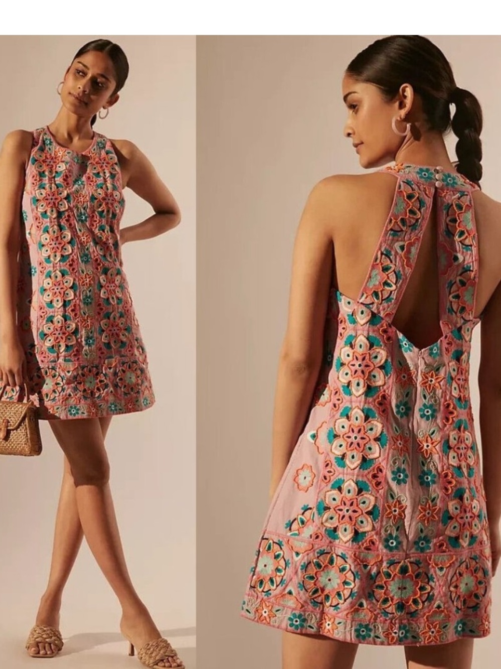$228 retail- Anthropologie pink embroidered and appliquéd shift dress.